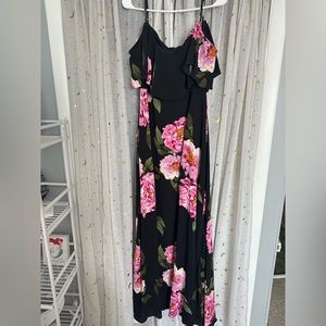 PremierAmour Black Floral Cold Shoulder Dress